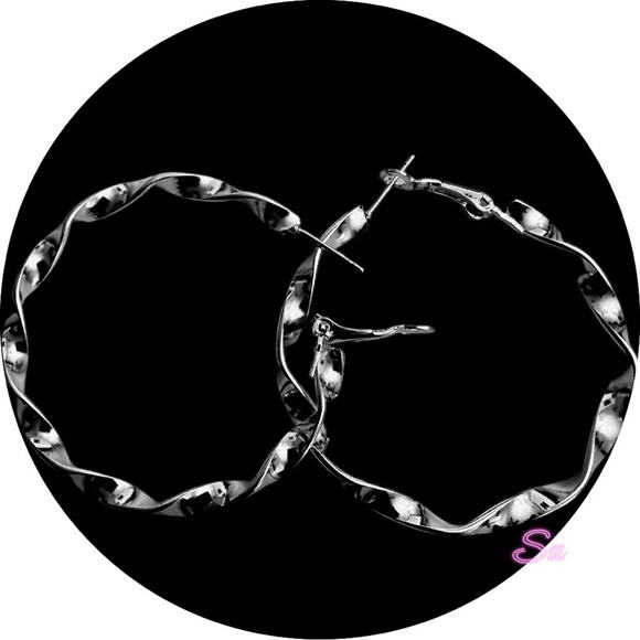 Modern Silver Twisted Hoop Earrings 60MM - Picture 2 of 4